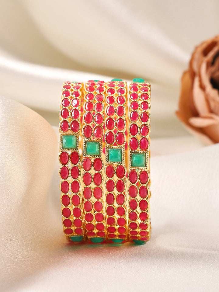 Rubans Set Of Two 22K Gold-Plated Pink & Green Stone-Studded Sustainable Handcrafted Bangles Bangles & Bracelets