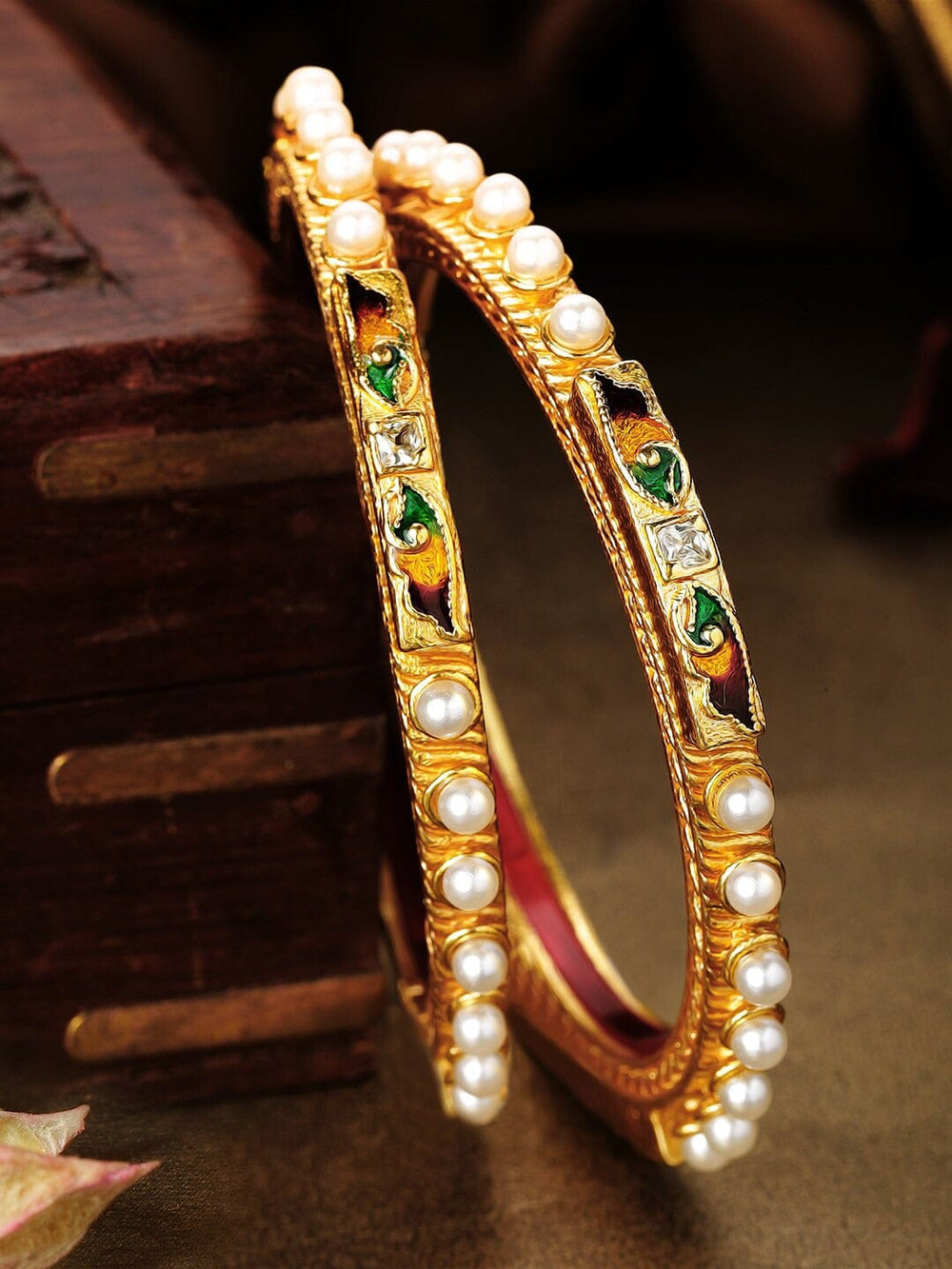Rubans Set Of Two 22K Gold-Plated White & Green Pearl Embellished Enamelled Paheli Handcrafted Bangles Bangles & Bracelets