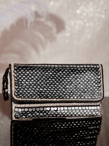 Rubans Silver Colour Clutch With Black Embroided Design. Handbag & Wallet Accessories