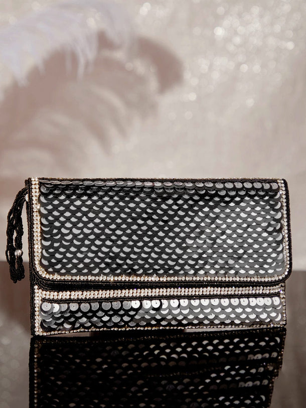 Rubans Silver Colour Clutch With Black Embroided Design. Handbag & Wallet Accessories
