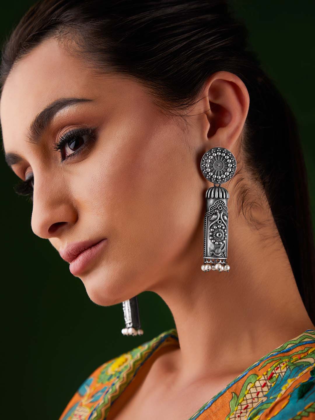 Rubans Silver Oxidised Drop Earrings With An Elegant Carved Design Earrings
