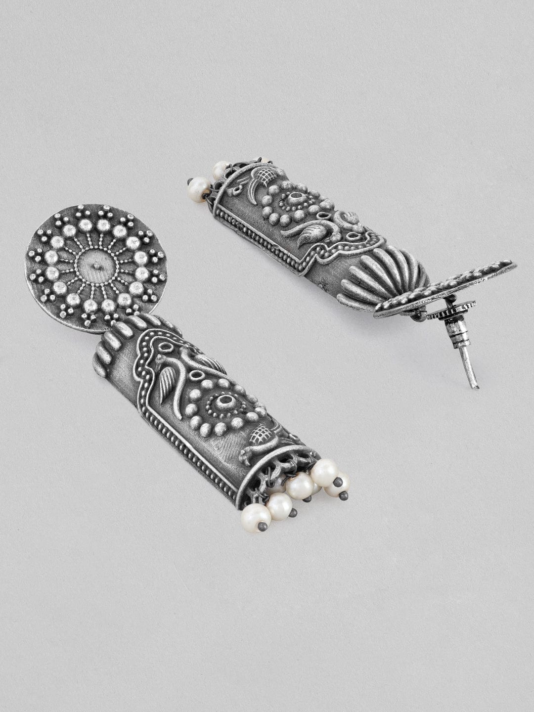 Rubans Silver Oxidised Drop Earrings With An Elegant Carved Design Earrings