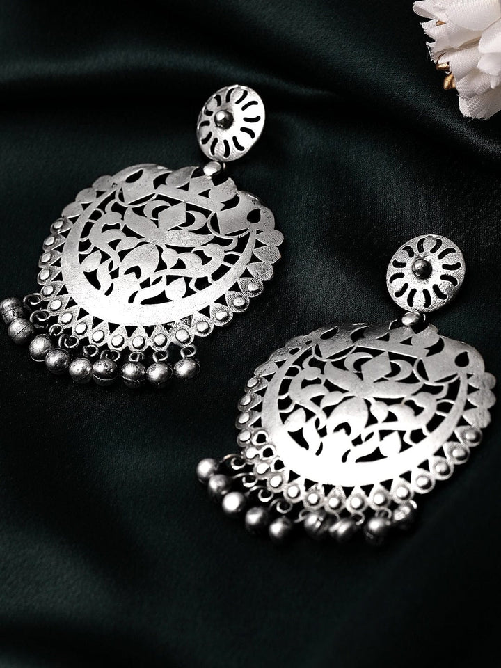 Rubans Silver Oxidised Drop Earrings With Elegantly Carved Design Earrings