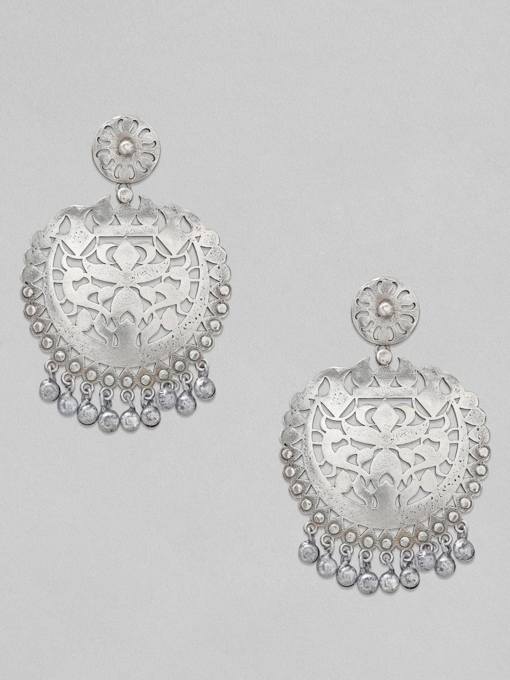 Rubans Silver Oxidised Drop Earrings With Elegantly Carved Design Earrings