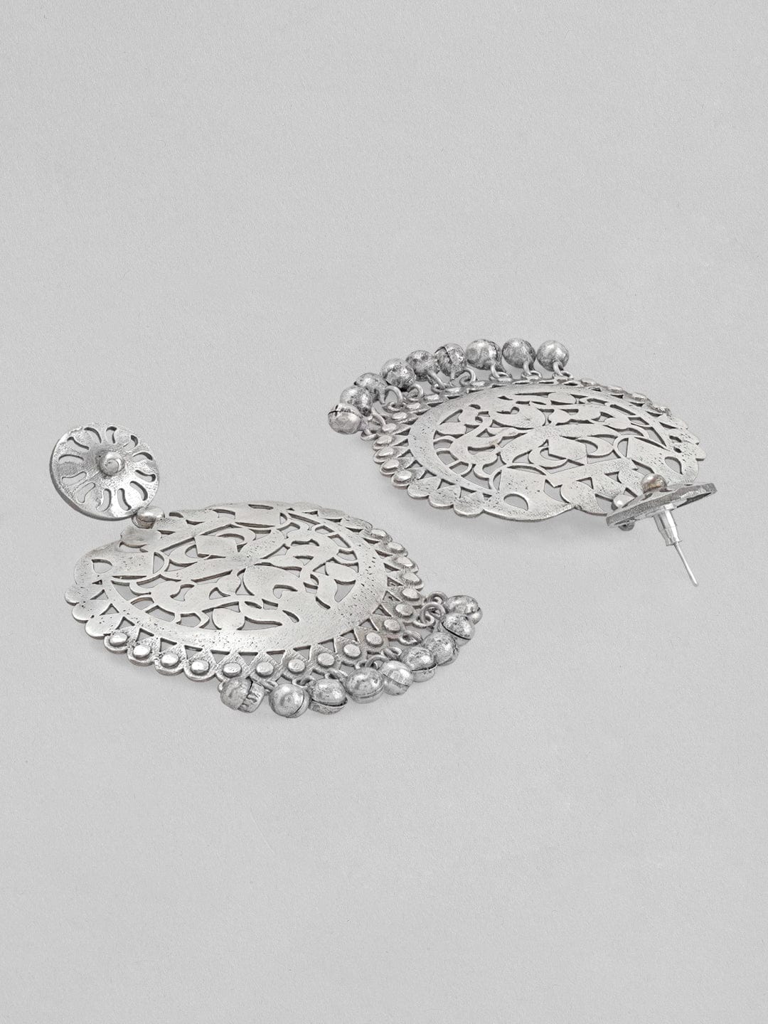 Rubans Silver Oxidised Drop Earrings With Elegantly Carved Design Earrings