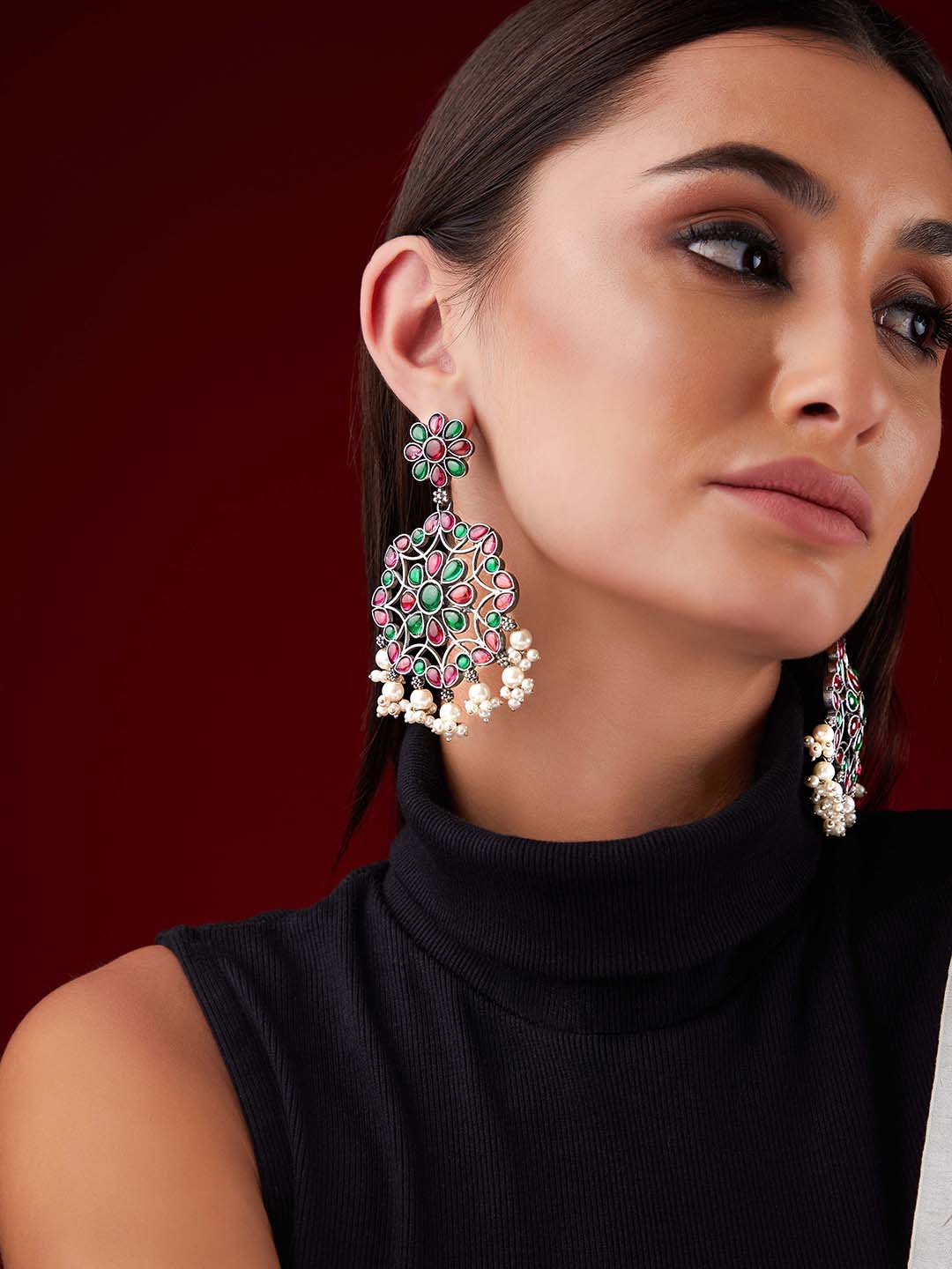 Rubans Silver Oxidised Drop Earrings With Pink And Green Stones Earrings