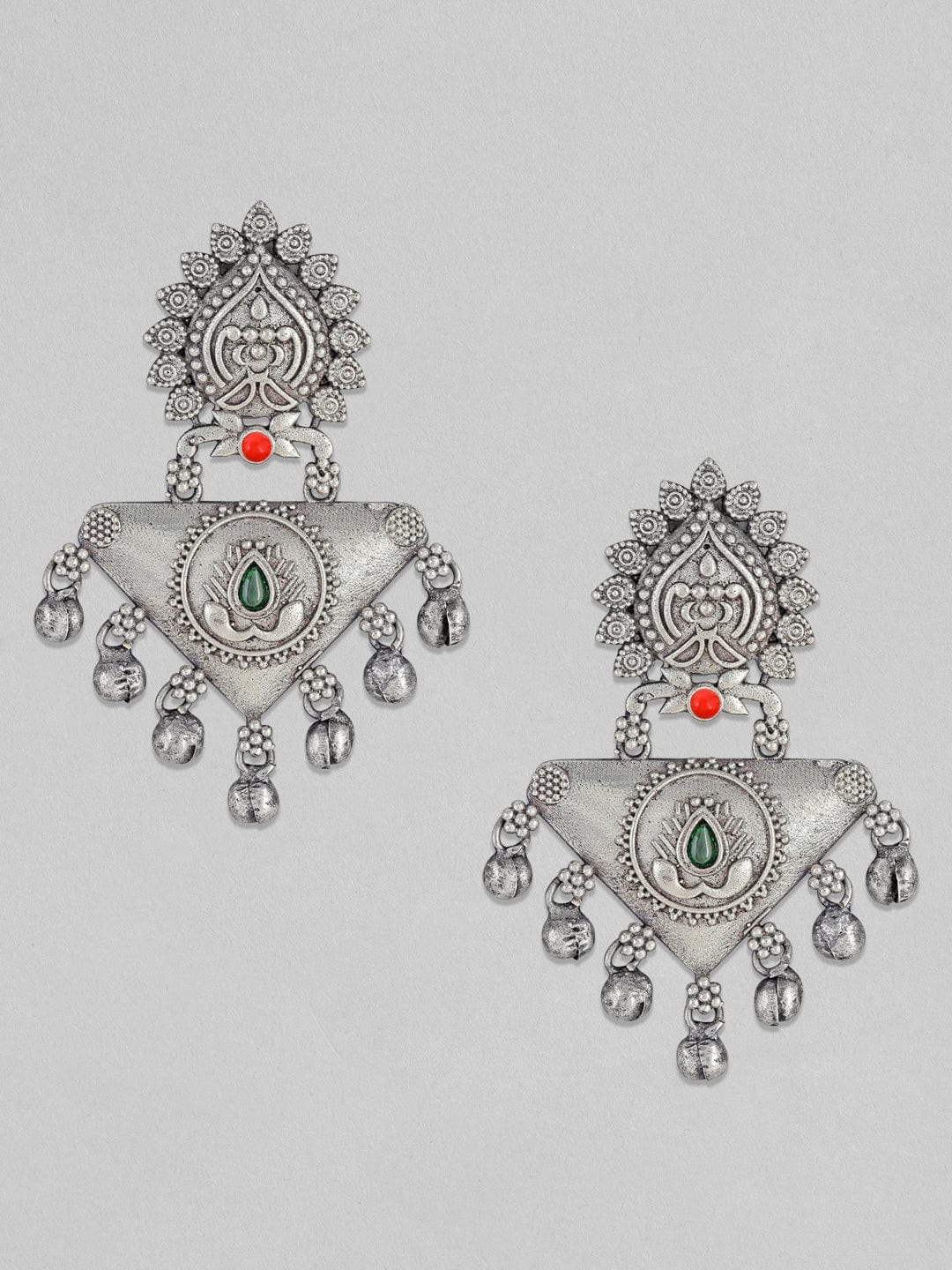 Rubans Silver Oxidised Drop Earrings With Stones And Silver Beads Earrings