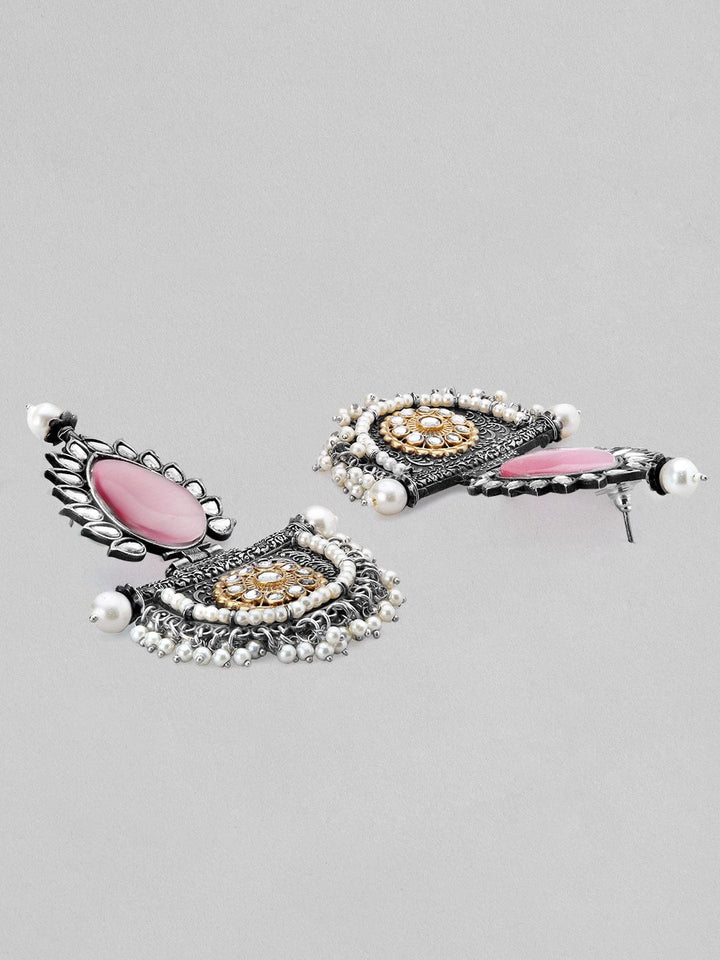 Rubans Silver Oxidised Ethnnic Drop Earrings With Studded Pink Stones Earrings