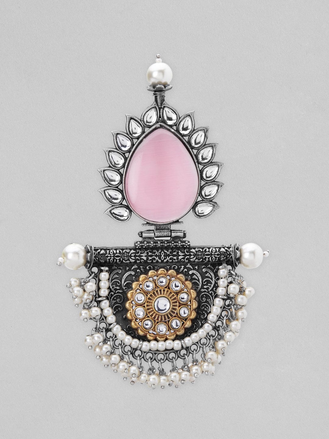 Rubans Silver Oxidised Ethnnic Drop Earrings With Studded Pink Stones Earrings