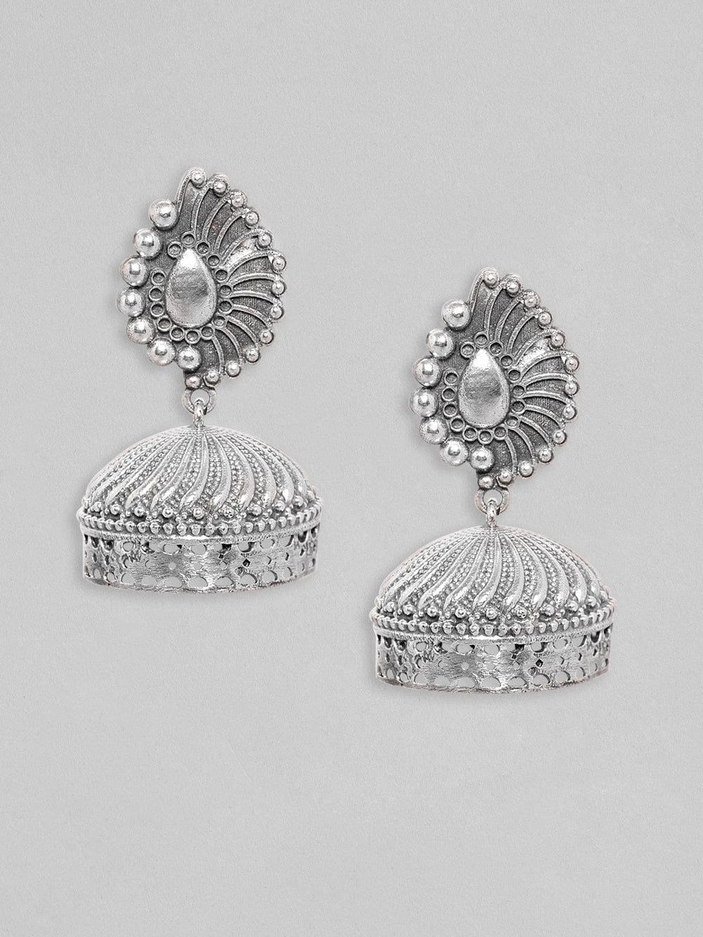 Rubans Silver Oxidised Handcrafted Jhumka Earrings With Indian Motif Design Earrings