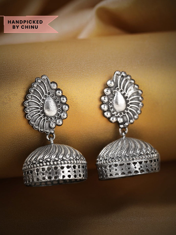 Rubans Silver Oxidised Handcrafted Jhumka Earrings With Indian Motif Design Earrings