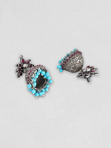 Rubans Silver Oxidised Jhumka With Studded Pink Stone And Blue Beads Earrings