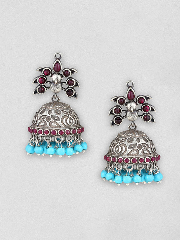 Rubans Silver Oxidised Jhumka With Studded Pink Stone And Blue Beads Earrings