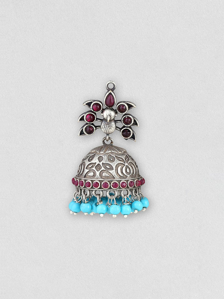 Rubans Silver Oxidised Jhumka With Studded Pink Stone And Blue Beads Earrings