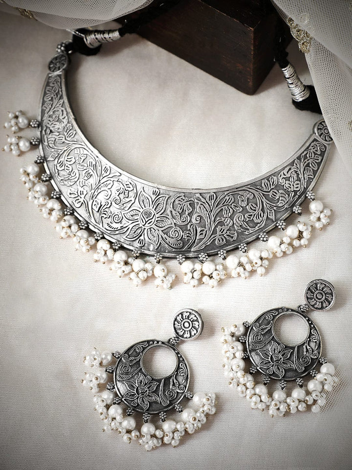 Rubans Silver Oxidised Necklace Set With Carved Design And Pearls Necklace Set
