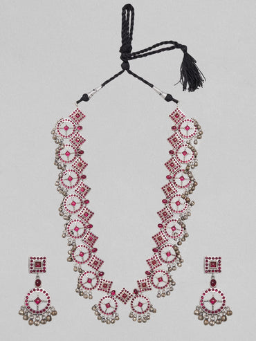 Rubans Silver Oxidised Necklace Set With Studded Pink Stones Necklace Set