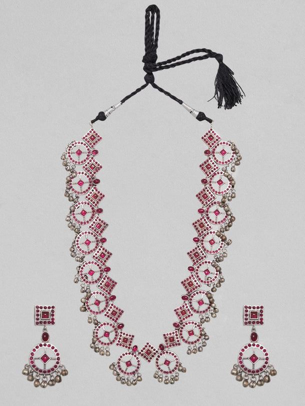Rubans Silver Oxidised Necklace Set With Studded Pink Stones Necklace Set