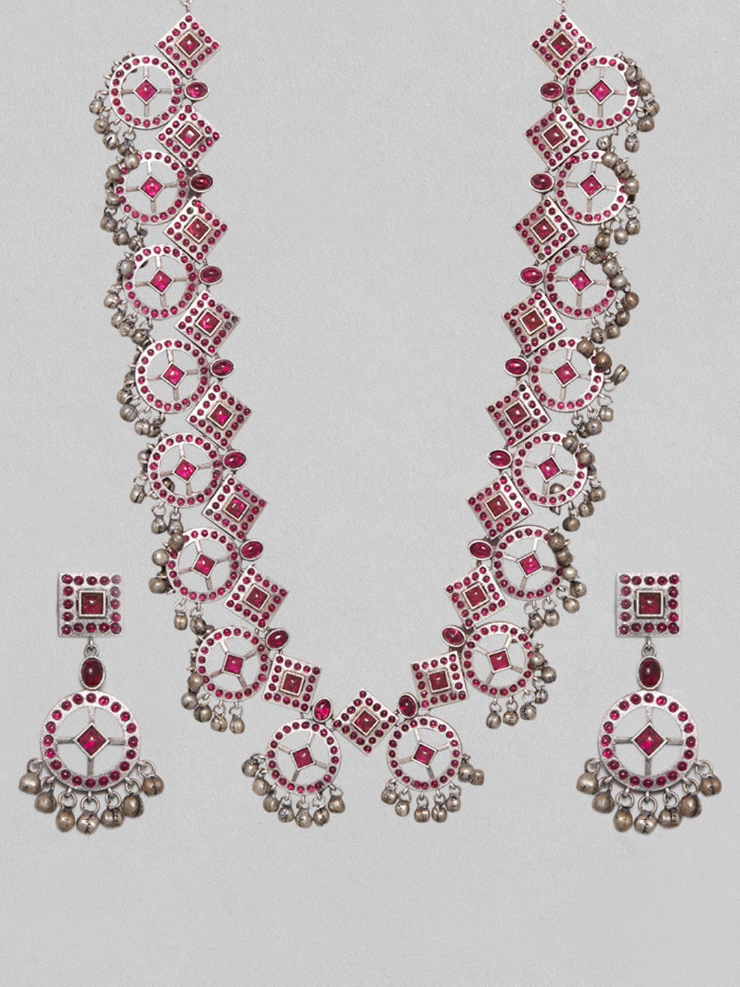 Rubans Silver Oxidised Necklace Set With Studded Pink Stones Necklace Set