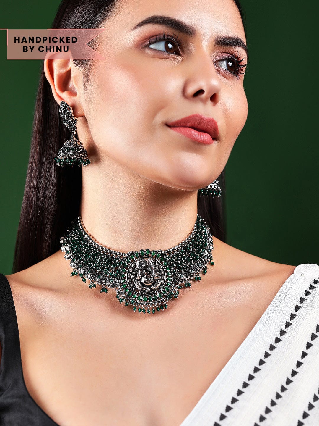Rubans Silver Oxidised Temple Choker Set With Green Stones And Beads Necklace Set