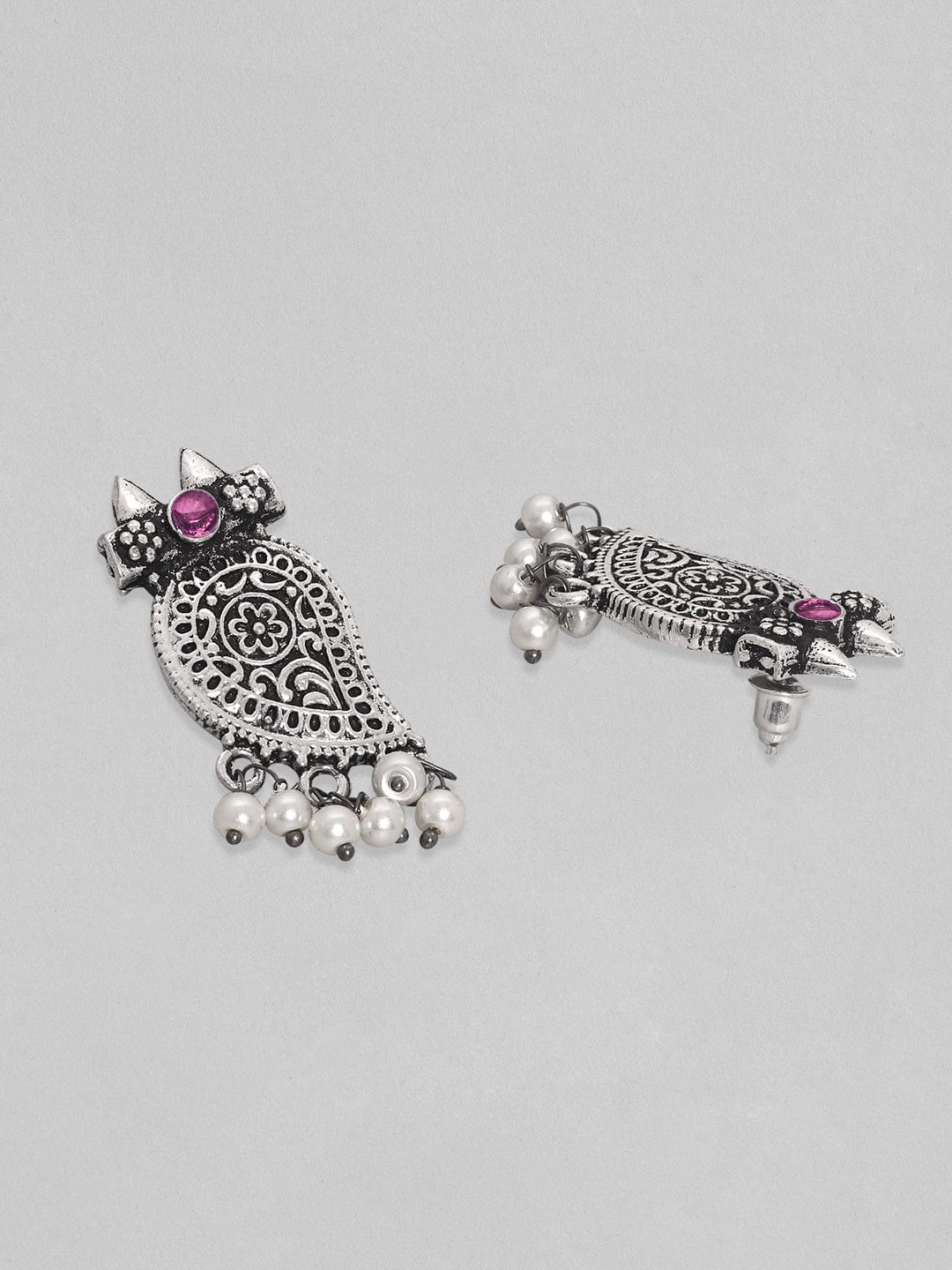 Rubans Silver Oxidized Plated Mango Motif Pink Stone Studded Stud Earring Earrings