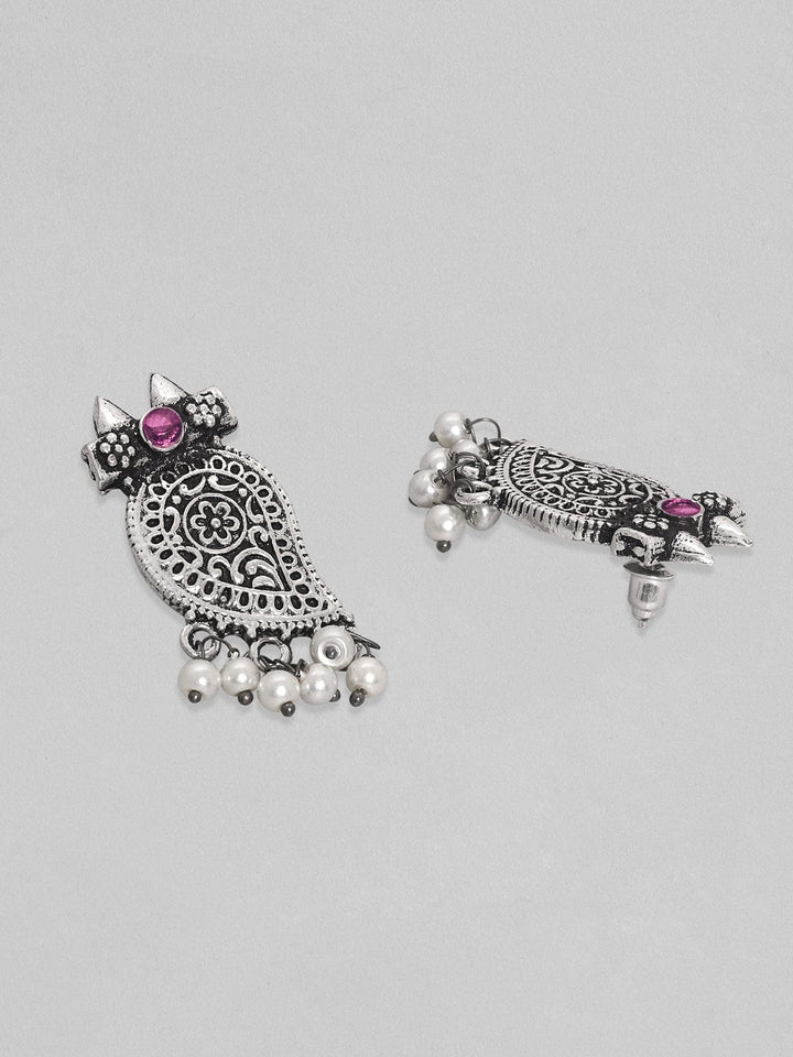 Rubans Silver Oxidized Plated Mango Motif Pink Stone Studded Stud Earring Earrings