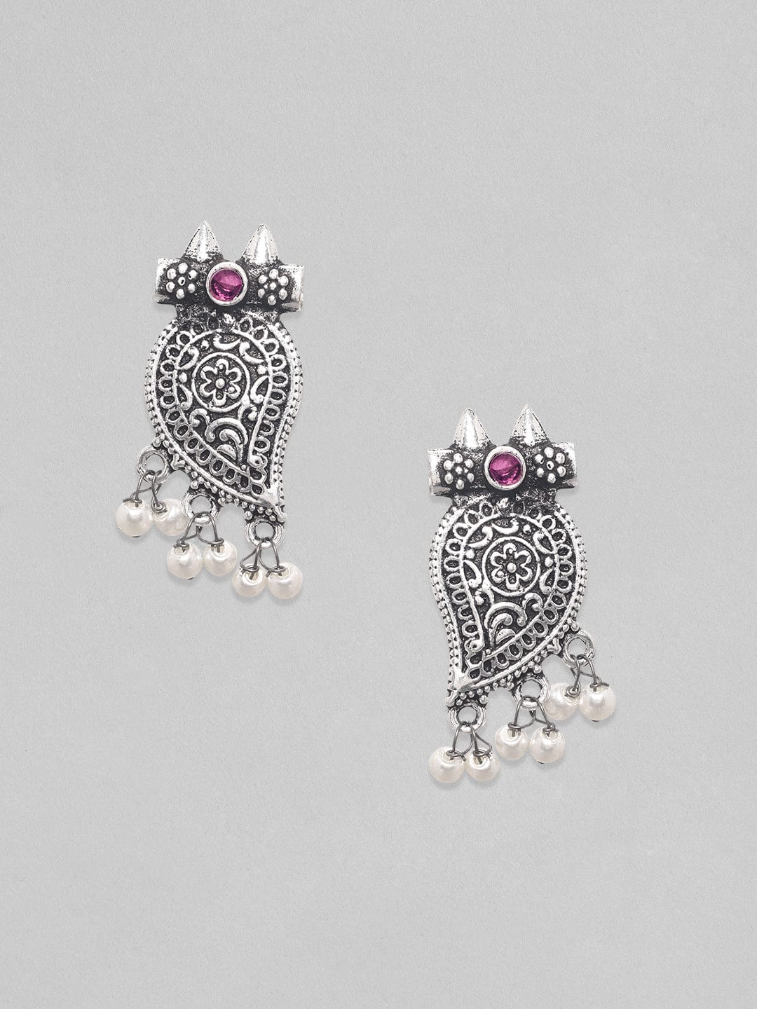 Rubans Silver Oxidized Plated Mango Motif Pink Stone Studded Stud Earring Earrings