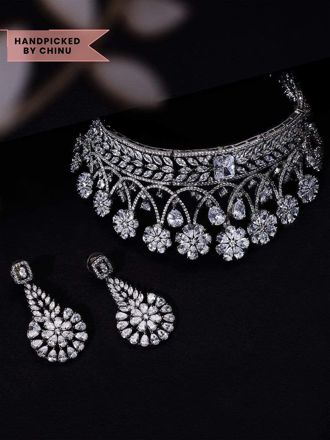 Rubans Silver Plated AD Stone Choker Necklace Set Necklace Set