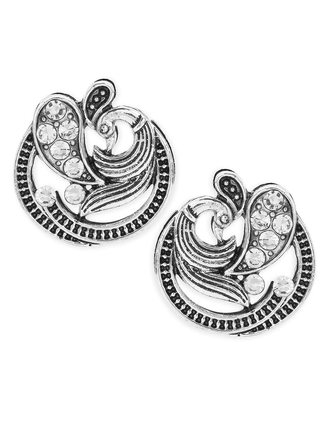 Rubans Silver-Plated American Diamond Studded Peacock Shaped Studs Earrings Earrings