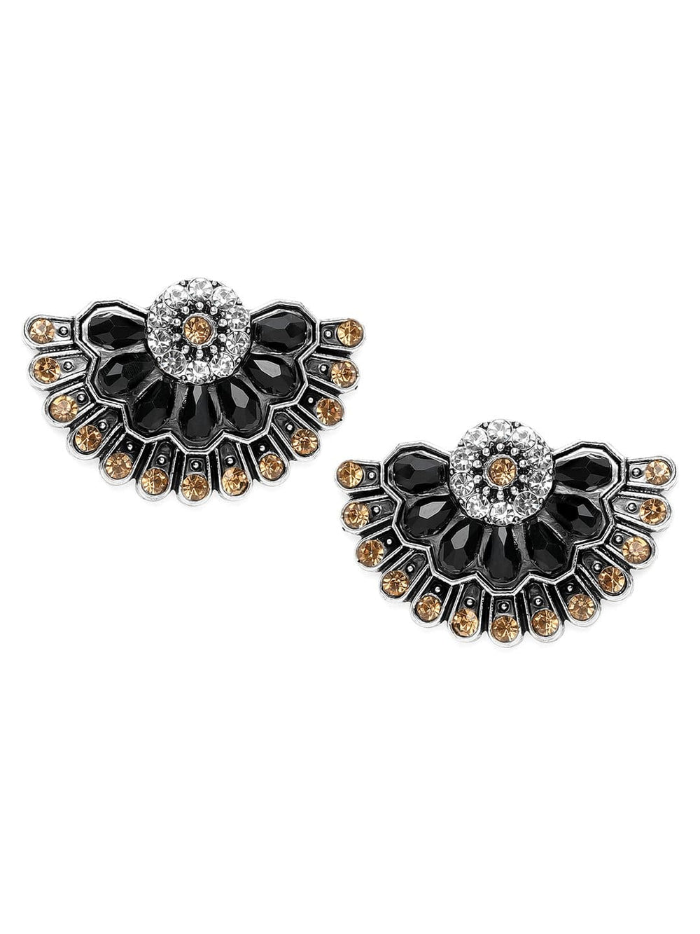 Rubans Silver Plated Black and Gold Stone Studded Floral Inspired Stud Earrings Earrings