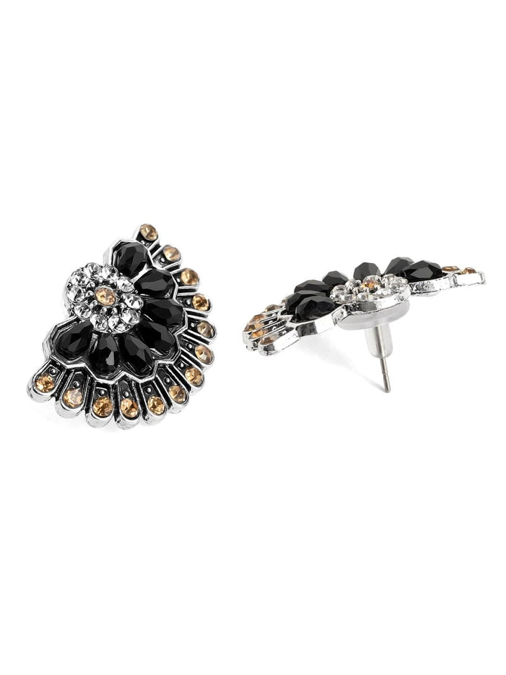 Rubans Silver Plated Black and Gold Stone Studded Floral Inspired Stud Earrings Earrings