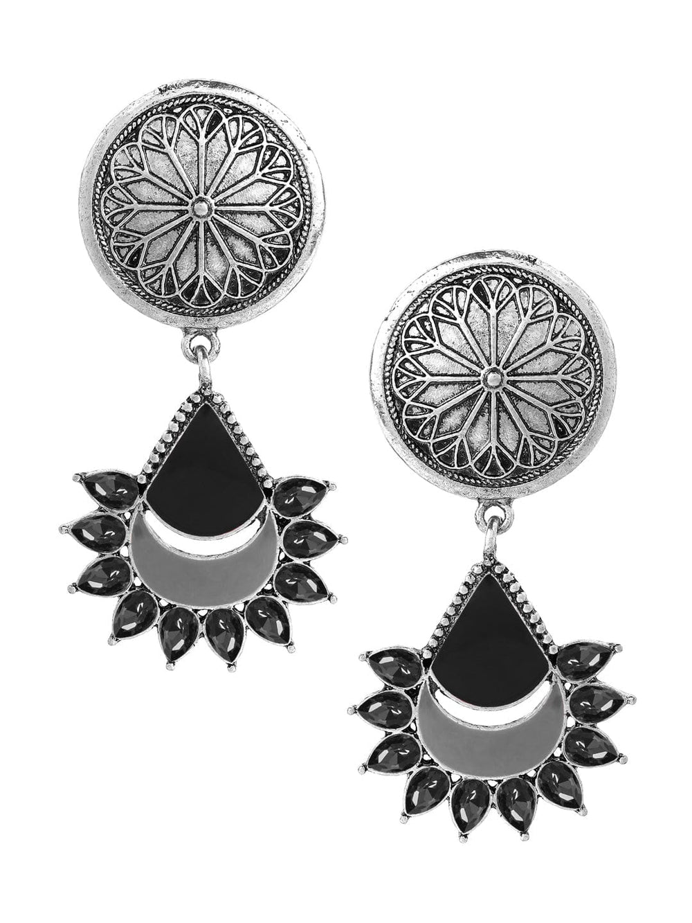 Rubans Silver-Plated  Black Geometric Drop Earrings Earrings