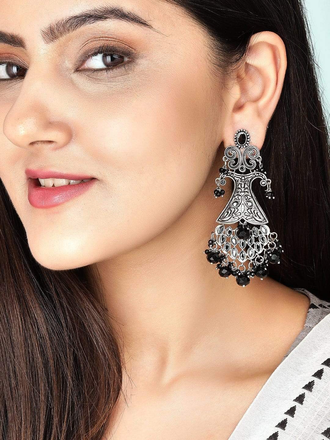 Rubans Silver Plated Black Stone Studded Earrings With Black Beads Earrings