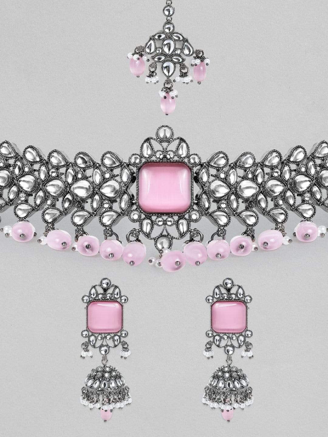 Rubans Silver Plated Blossom Pink Kundan Necklace Set