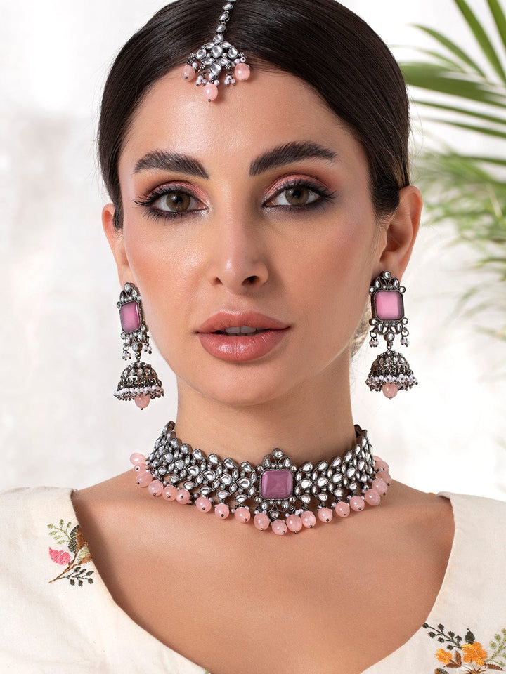 Rubans Silver Plated Blossom Pink Kundan Necklace Set Chain & Necklaces