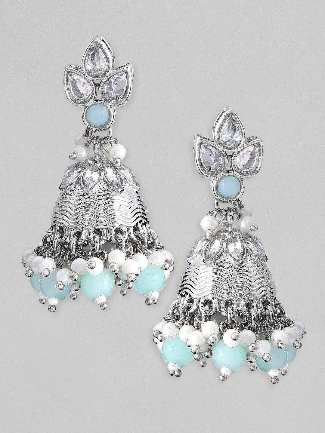 Rubans Silver Plated Blue Studded Jhumka Earrings Earrings