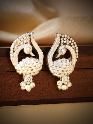 Rubans Silver Plated Earrings With Handcrafted Peacock Design And Silver Beads Earrings