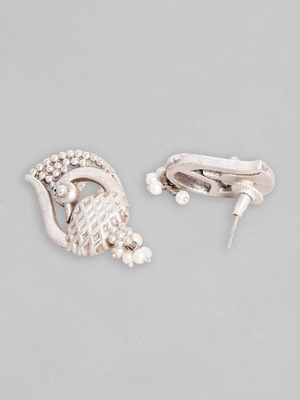 Rubans Silver Plated Earrings With Handcrafted Peacock Design And Silver Beads Earrings