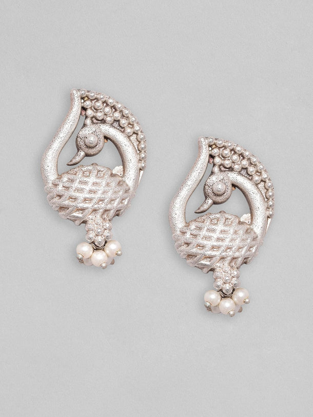 Rubans Silver Plated Earrings With Handcrafted Peacock Design And Silver Beads Earrings