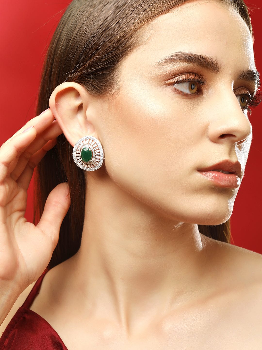 Rubans Silver-Plated & Green Oxidised Classic Studs Earrings