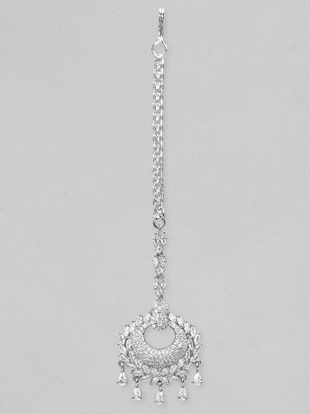 Rubans Silver-Plated Handcrafted AD Studded Maangtikka Maang Tikka