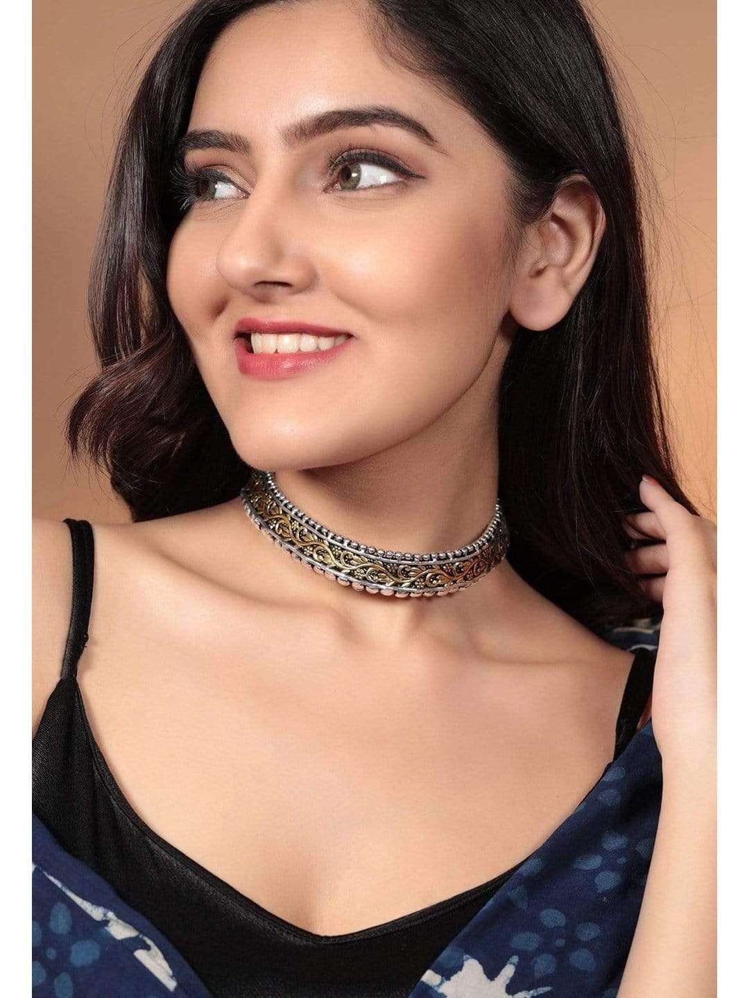 Rubans Silver Plated Handcrafted Dual Toned Filigree Choker Necklace Set