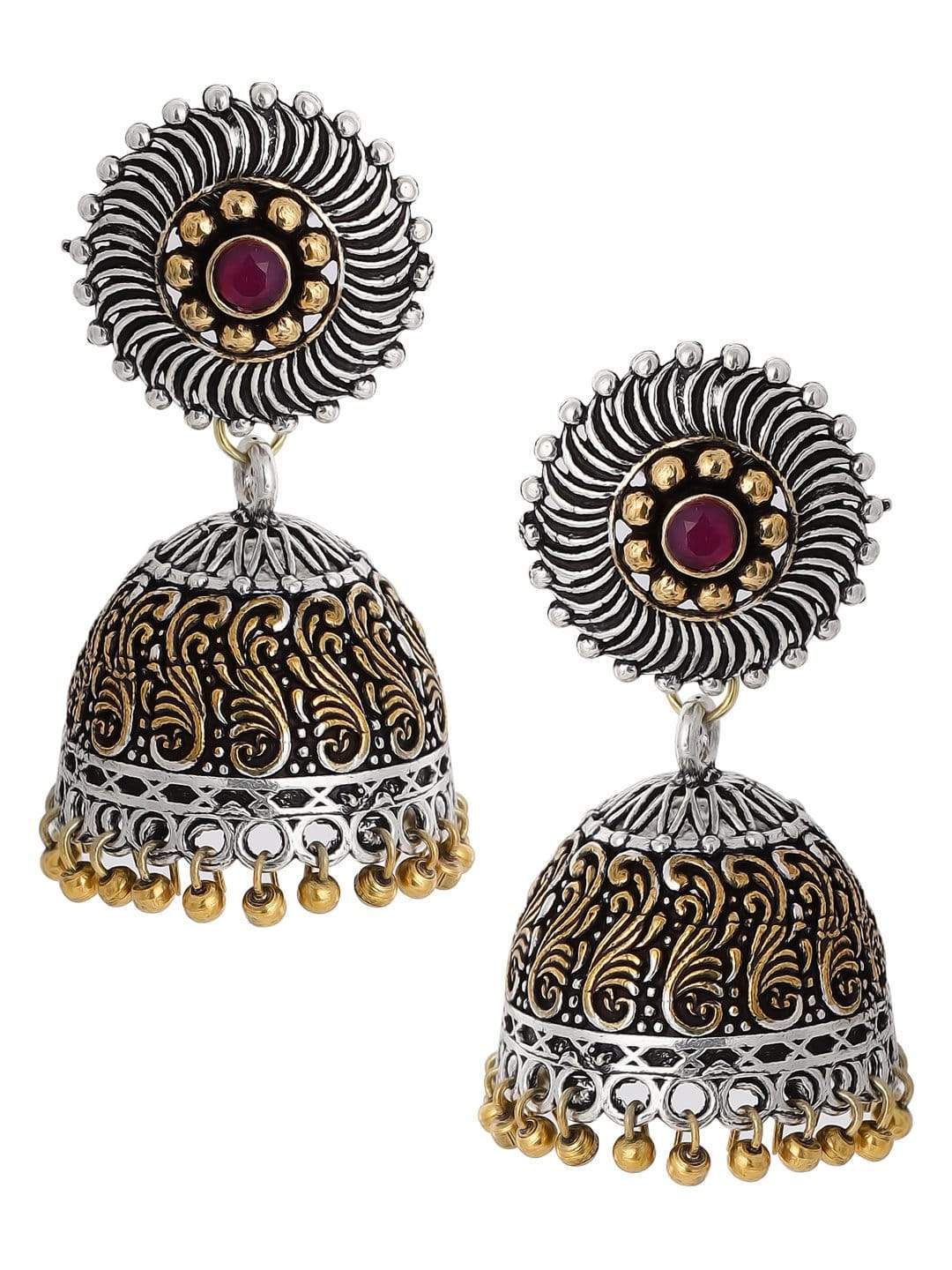 Rubans Silver Plated Handcrafted Oxidised Dual Tone Jhumka Earrings Earrings