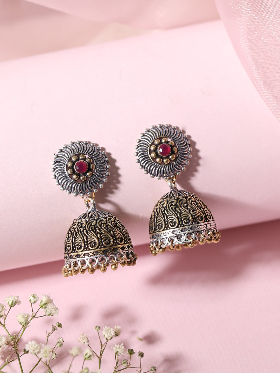 Rubans Silver Plated Handcrafted Oxidised Dual Tone Jhumka Earrings Earrings