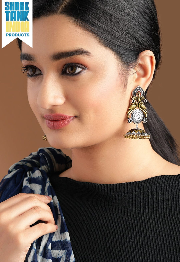 Rubans Silver Plated Handcrafted Oxidised Dual Tone Peacock Shape Jhumka Earrings Earrings