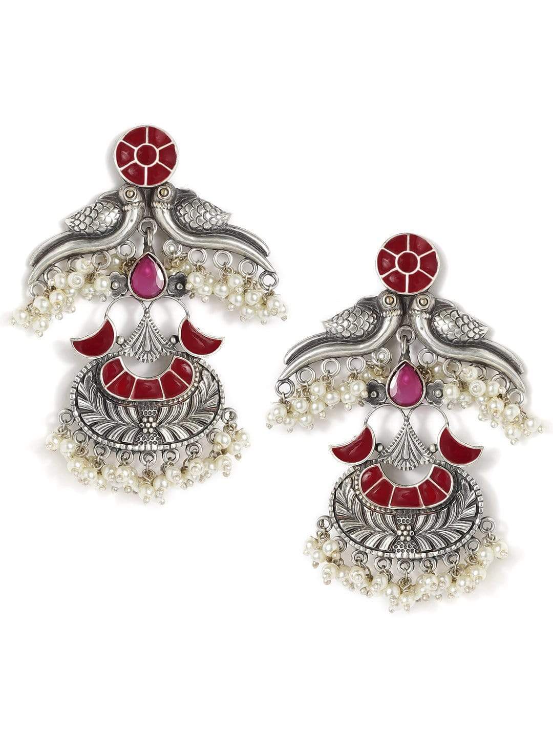 Rubans Silver Plated Handcrafted Oxidised Faux Ruby and Pearls Peacock Drop Earrings Earrings