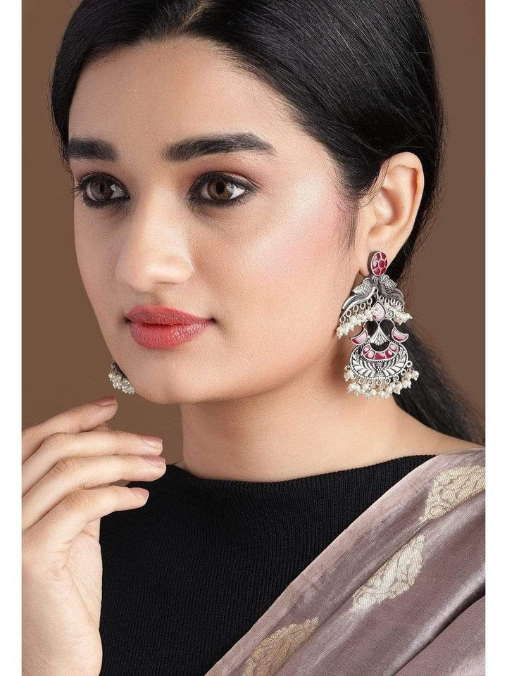 Rubans Silver Plated Handcrafted Oxidised Faux Ruby and Pearls Peacock Drop Earrings Earrings