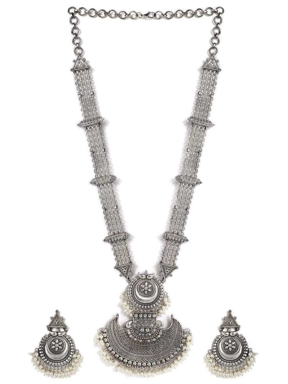 Rubans Silver Plated Handcrafted Oxidised Filigree  Necklace Set Necklace Set