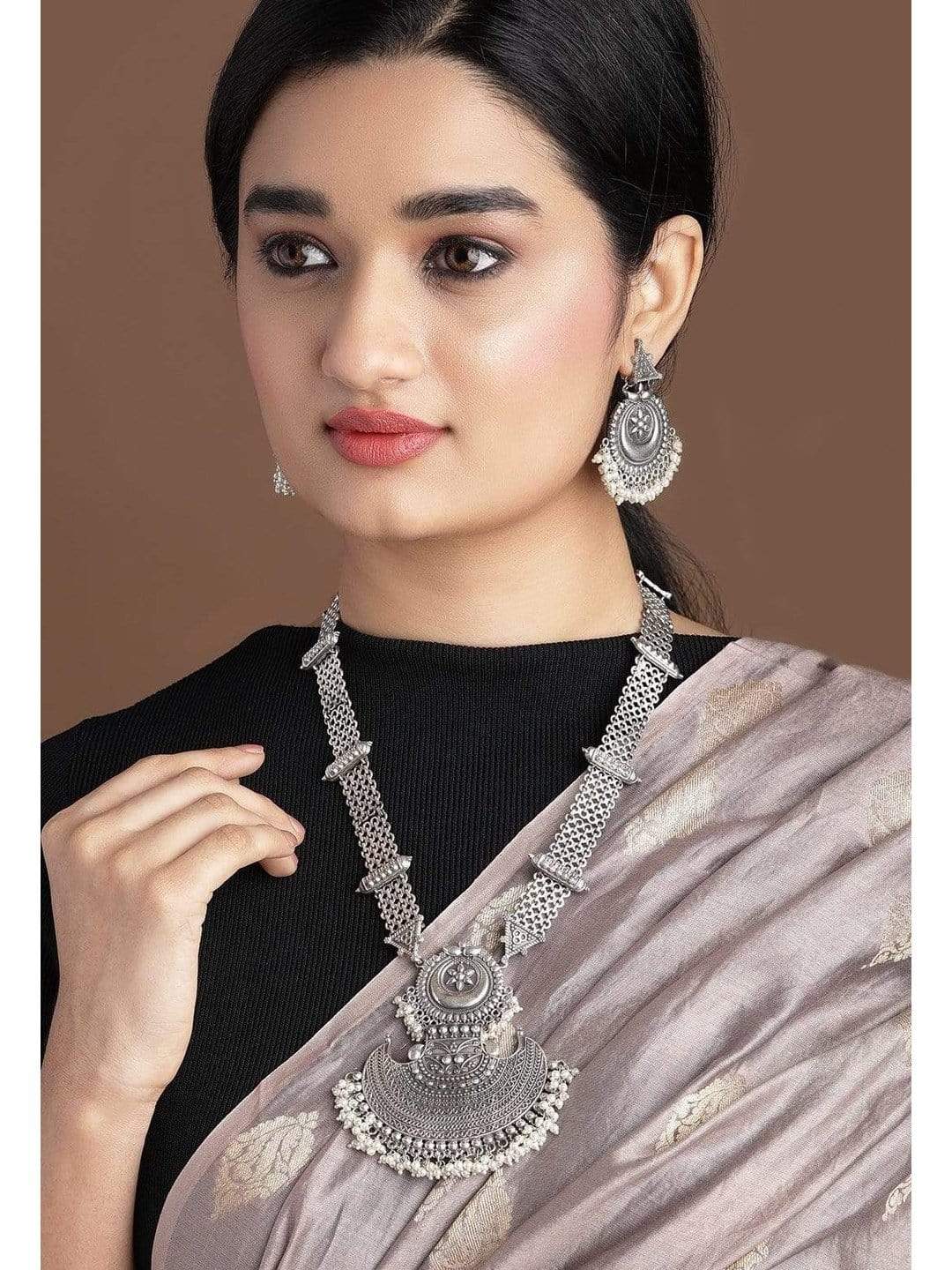 Rubans Silver Plated Handcrafted Oxidised Filigree  Necklace Set Necklace Set
