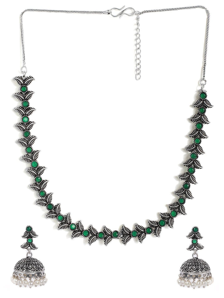 Rubans Silver Plated Handcrafted Oxidised Green Stone Necklace Set Necklace Set