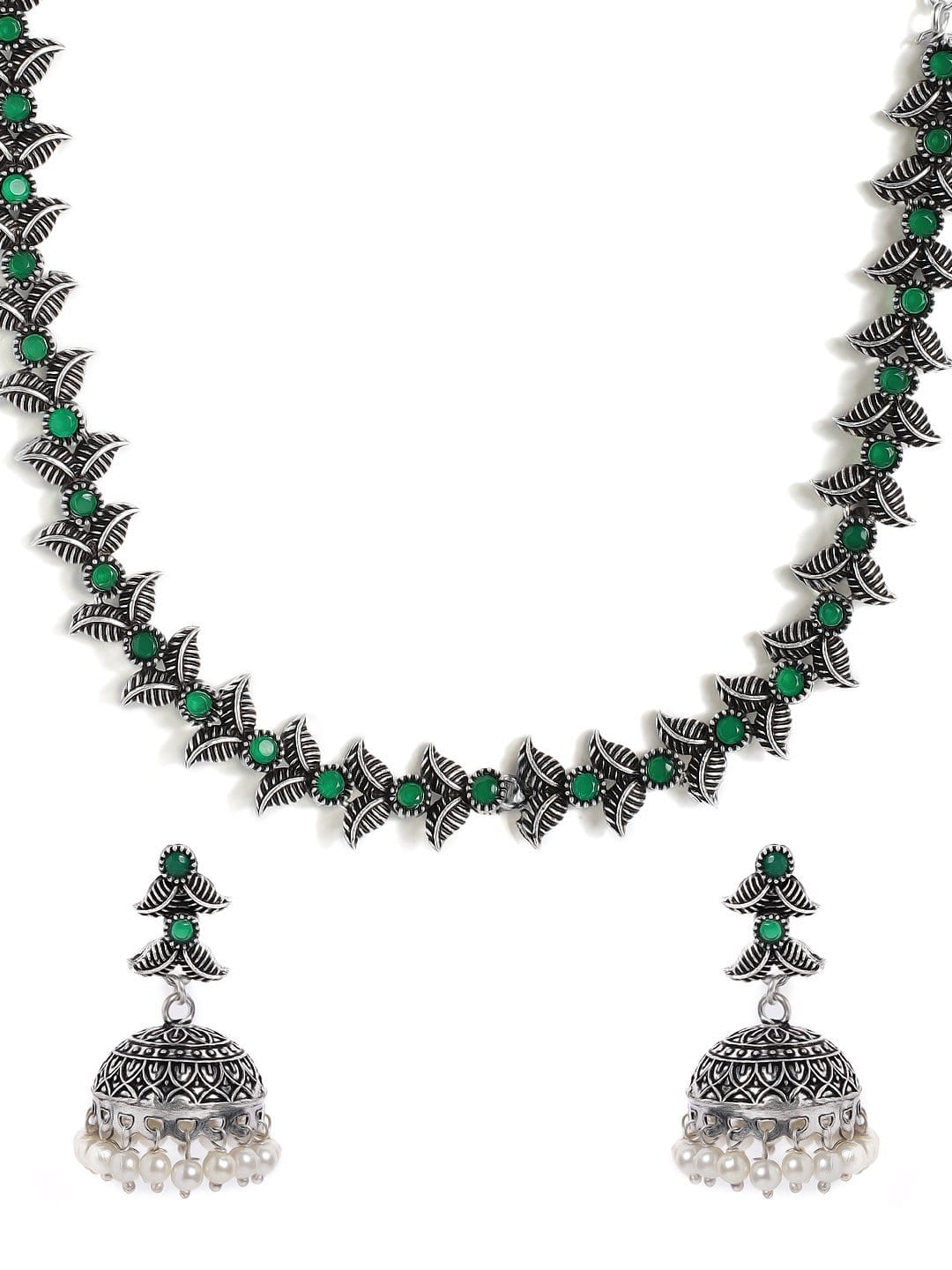 Rubans Silver Plated Handcrafted Oxidised Green Stone Necklace Set Necklace Set